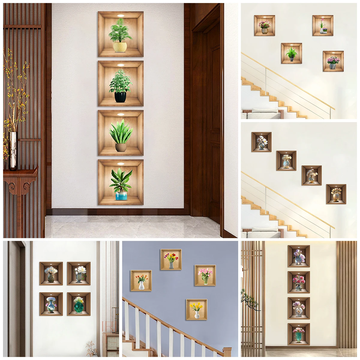 4pcs/set Simulated Plant Potted Plants Cabinet Decoration Wall Stickers Peel & Stick Waterproof PVC Frameless Wall Art Mural