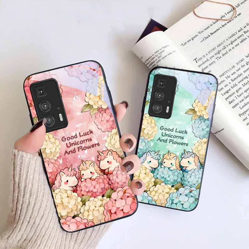 Cute cartoon pink unicorn For Motorola Moto Edge 20 Lite 30 Pro 40 Neo 50 Ultra G Play G45 G54 G55 G75 G84 G85 Glass Phone Case view 2