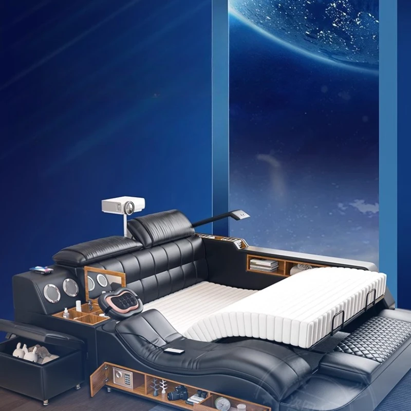 

Unique Bedroom Leather Bed Aesthetic Modern Storage Lounge Bed Sleeping Frame Nightstands Camas De Dormitorio Furnitures