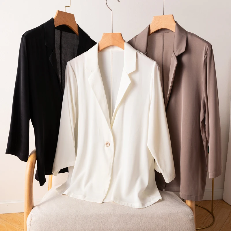 

Women 95% Mulberry Silk 5% Spandex 19 momme Black White Brown One Button Blazer Jacket office work M L XL 8199