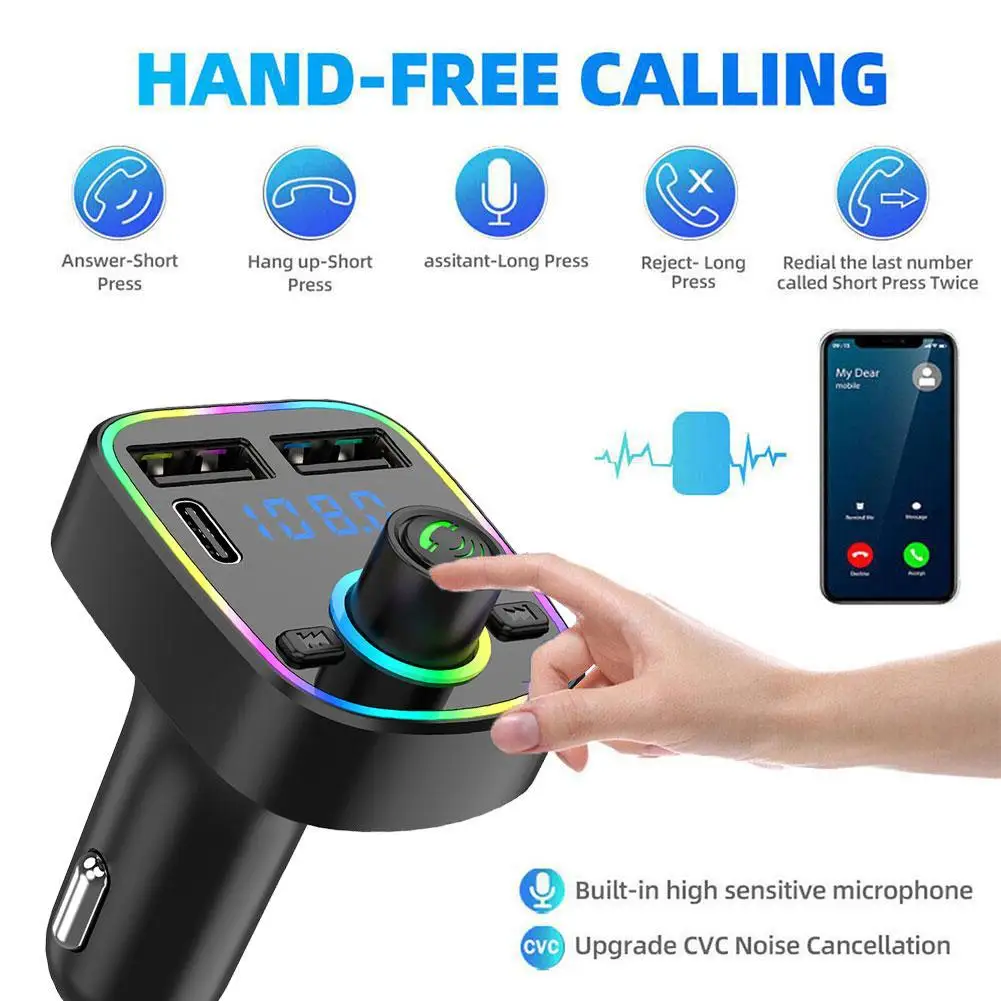 Car Bluetooth 5.0 FM Transmitter PD Type-C Dual USB 3.1A Fast Charger Colorful Ambient Light Handsfree MP3 Modulator Player