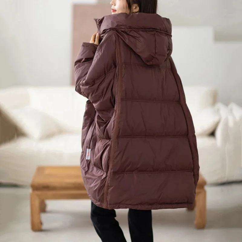 2026 New Winter Women 90% White Duck Down Jacket Casual Loose Over Size Warm Parka Female Drawstring Hooded Puffer Coat