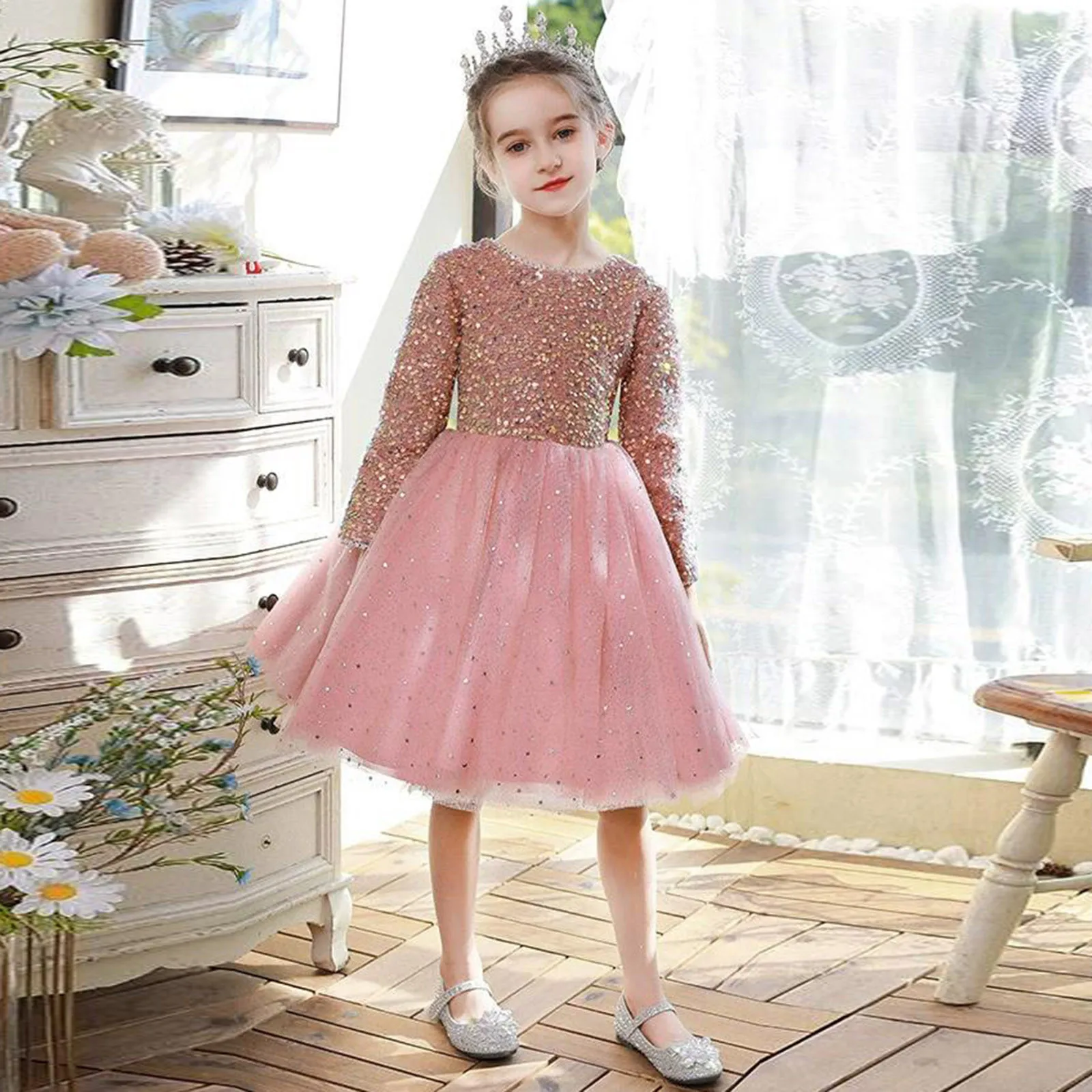 

Luxury Pink Sequins Dress For Kids Girls Elegant Mesh Patchwork Tulle Dresses Wedding Children Girls Birthday Formal Party Dress