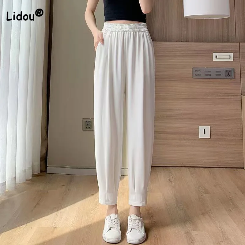 

Summer Fashion Casual Solid Color Elastic High Waist Trousers Women's Clothing Commute Loose All-match Spliced Cropped Pants