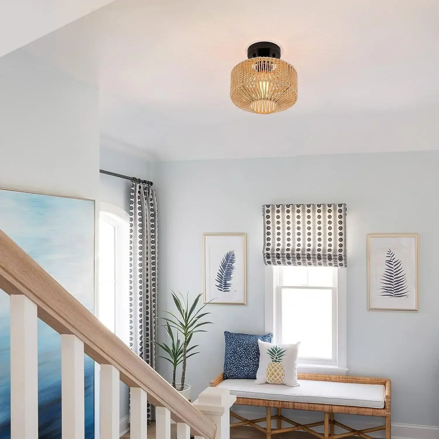 Ceiling Lamp Rattan E27 Bulb Chandelier Light Fixture Hand Woven  Mount For Hallway Bedroom Kitchen Entrance Living Room