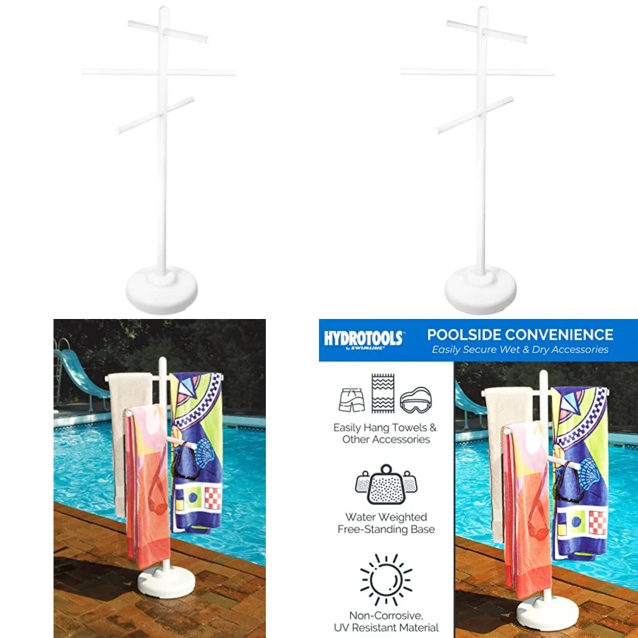 

HYDROTOOLS 89032 Free Standing Poolside Adjustable-Towel Rack With Water Weighted Base Three Arms Tier For Outdoors and Indoors
