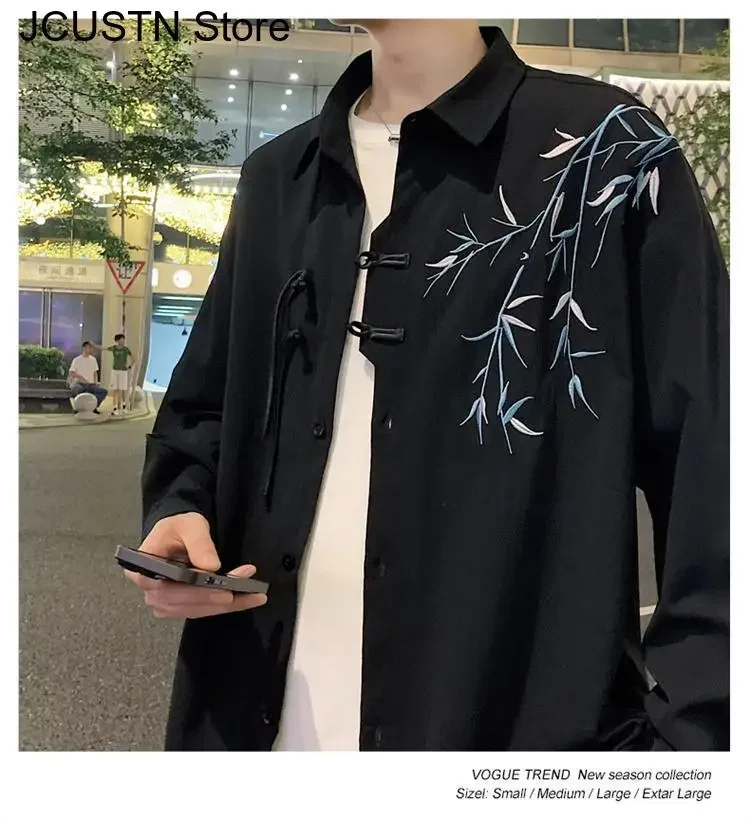 

Men Fashion Streetwear Lapel Shirt Chinese Style Top Male Thin Jacket Outwear Coat Long Sleeve Tang Clothes Hanfu Costume