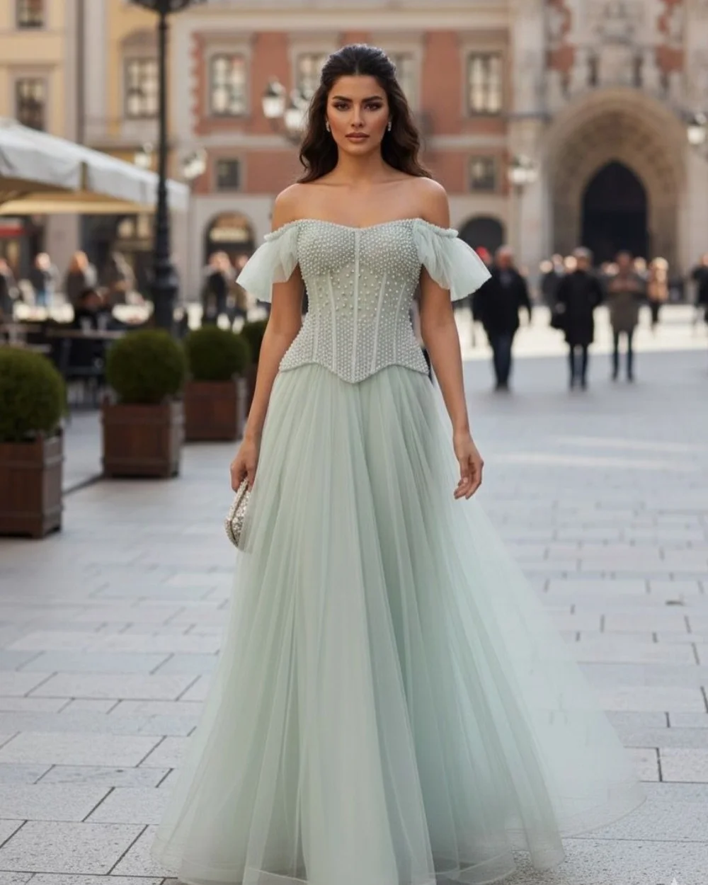 تخصيص مطابقة معقدة تول الطية اللؤلؤ ألف خط خارج على الكتف فساتين طويلة فساتين السهرة الأحجام المتاحة رائعة #1