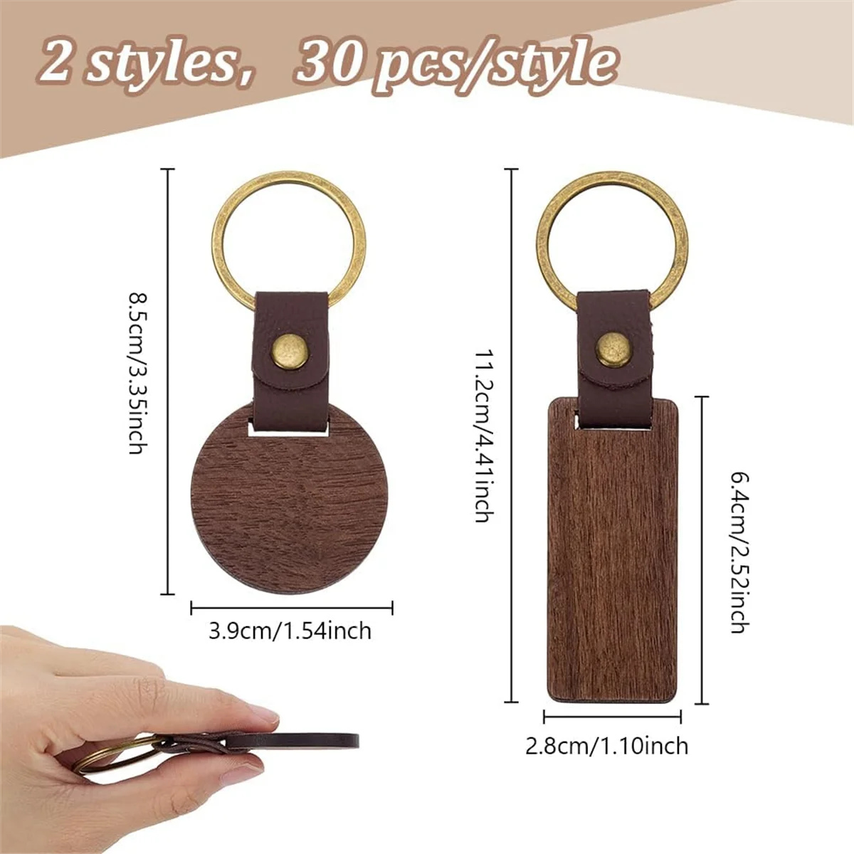 A83Z 60 PCS Walnut Wood Keychain Blanks for DIY Crafts, Engraving & Personalized Gifts