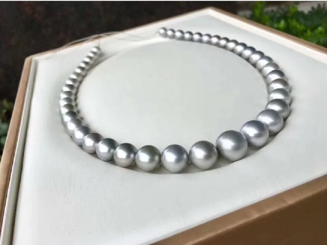 New Pearl Necklace AAAAA 10-11mm Tahiti Natural Round Grey Pearl Necklace, 14K Gold Button, 16-24 inch