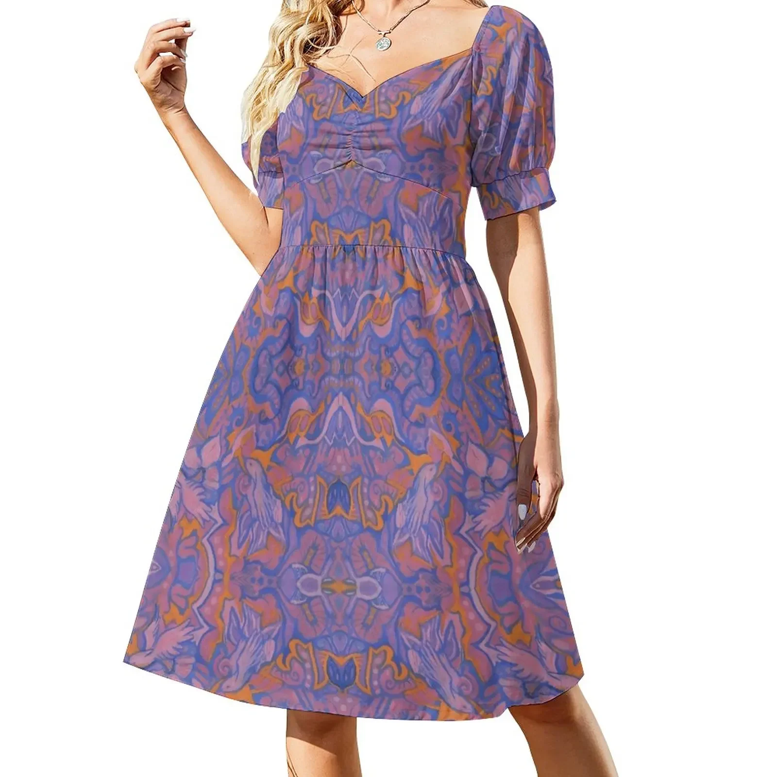 

Birds Arabesque, Bohemian Pattern, Pink Blue Orange Short-Sleeved Dress summer outfits for women 2025 women's summer jumpsuit