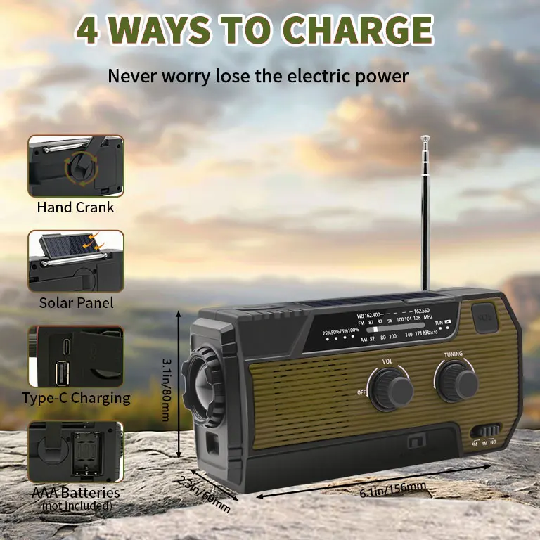 FM Radio Weather Receiver 4000mAh Multifunctional Solar Hand Crank Radio USB Charging Emergency Radio LED Flashlight Power Ban