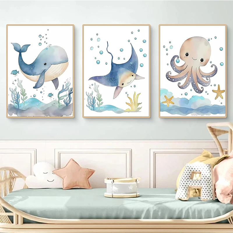 Unframe Cute Whale Sea Horse Octopus Crab Turtle Posters And Prints Nordic Nursery Wall Art Canvas Painting Picture Baby Kids Ro