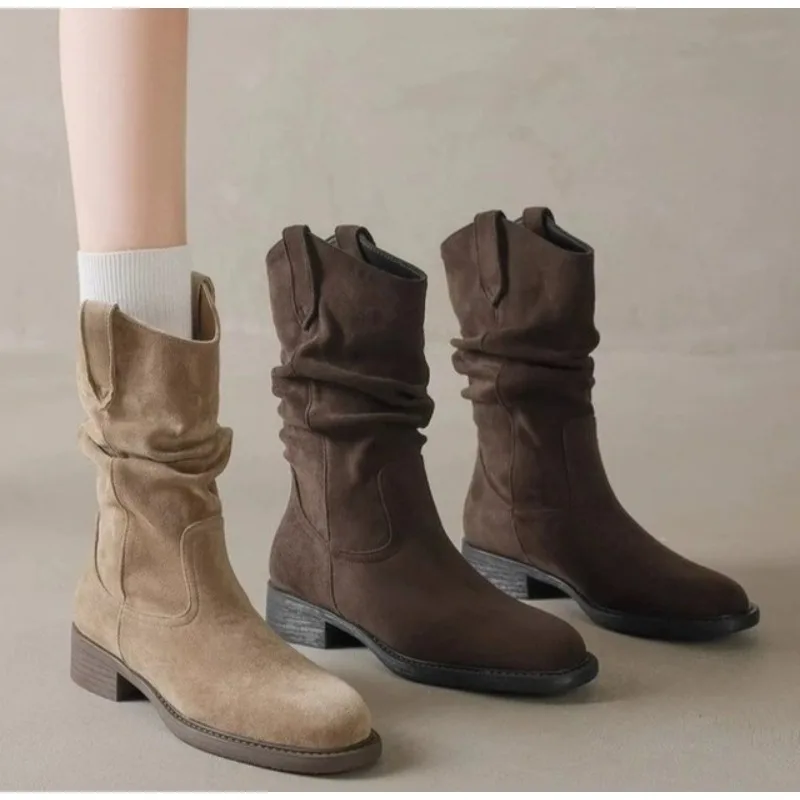 

Luxury Women Pleated High Heeled Ankle Boots Autumn New Pointed Toe Brown Cowboy Boots Woman Pu Leather Botas Shoes Plus Size 42
