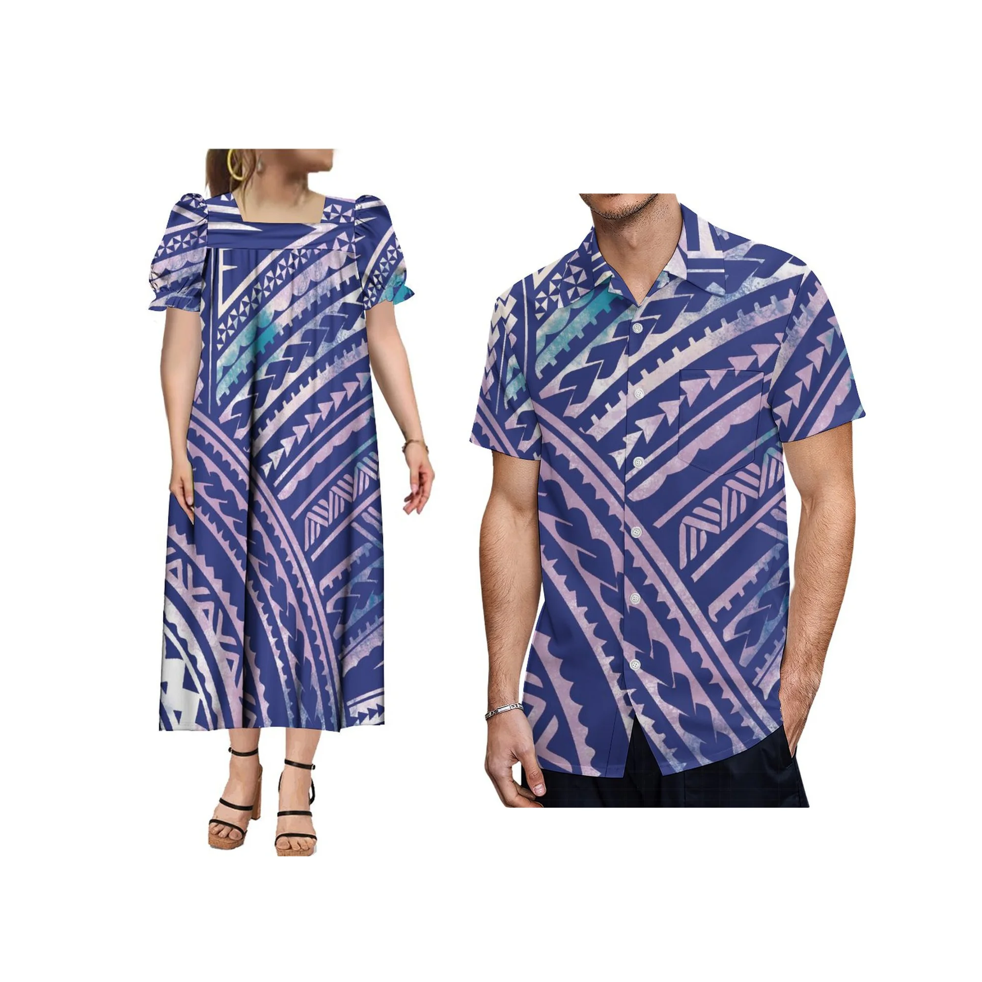 Novo Vestido Casual Feminino com Estampa Polinésia Ilhas do Havai, Decote Quadrado e Mangas Bufantes, Vestido Mumu Micronésio com Logotipo Personalizado