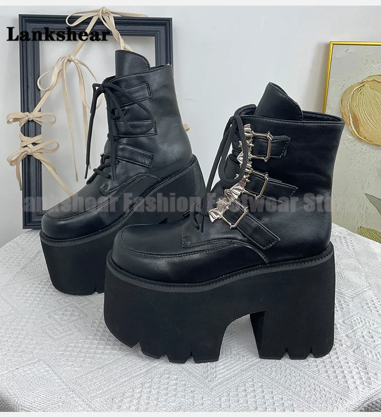 

Thick Soled Women's Boots Chunky Heel Lace-Up Boots Designer Style Platform Height Increasing Booties Women's Shoes Botas Mujer