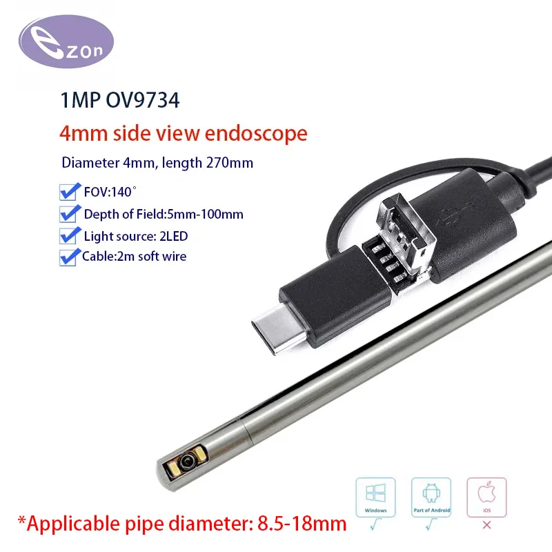 1MP 4mm Side View Endoscope Wide Angle FOV140゜ Macro USB Endoscope Camera EZ-EN40SV-RT