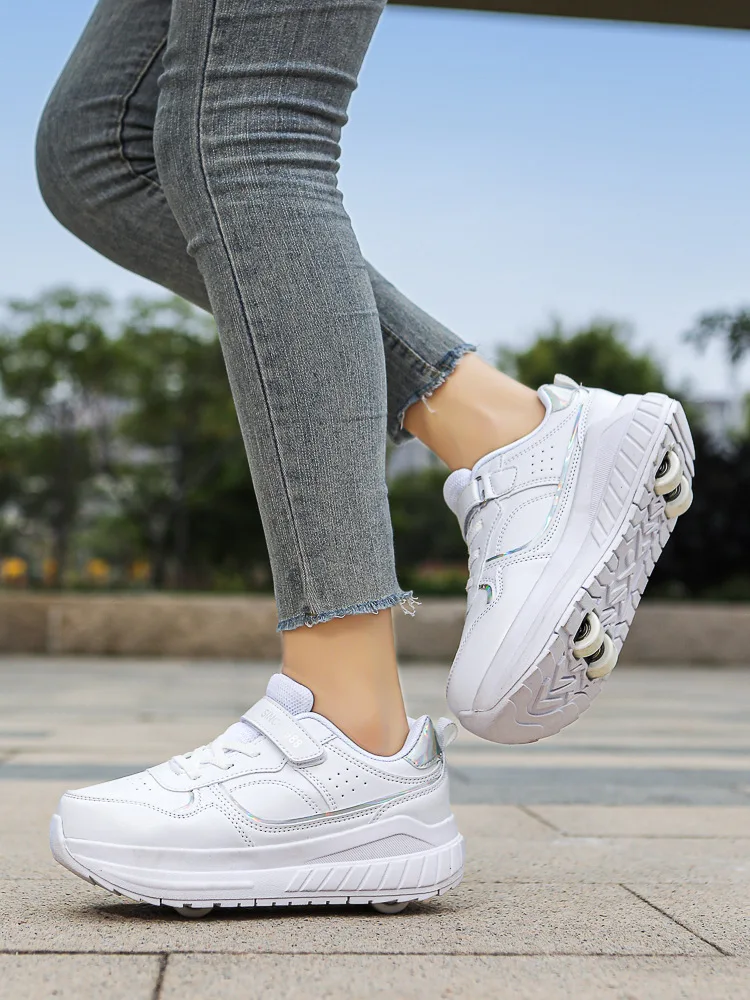 New Fashion Women Men PU Leather Four Wheels Roller Shoes Children Boys Girls Breathable Sneakers Kids Flying Shoe  Size 31-40