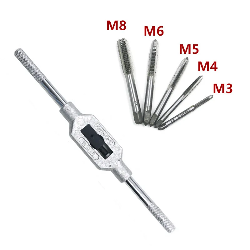 6/8Pcs Hss Hand Screw Tap Die Wrench Schroefdraad Metric Plug Tap M3 M4 M5 M6 m8 M8 M12 Met Verstelbare Tap Wrench 1/16-1/2