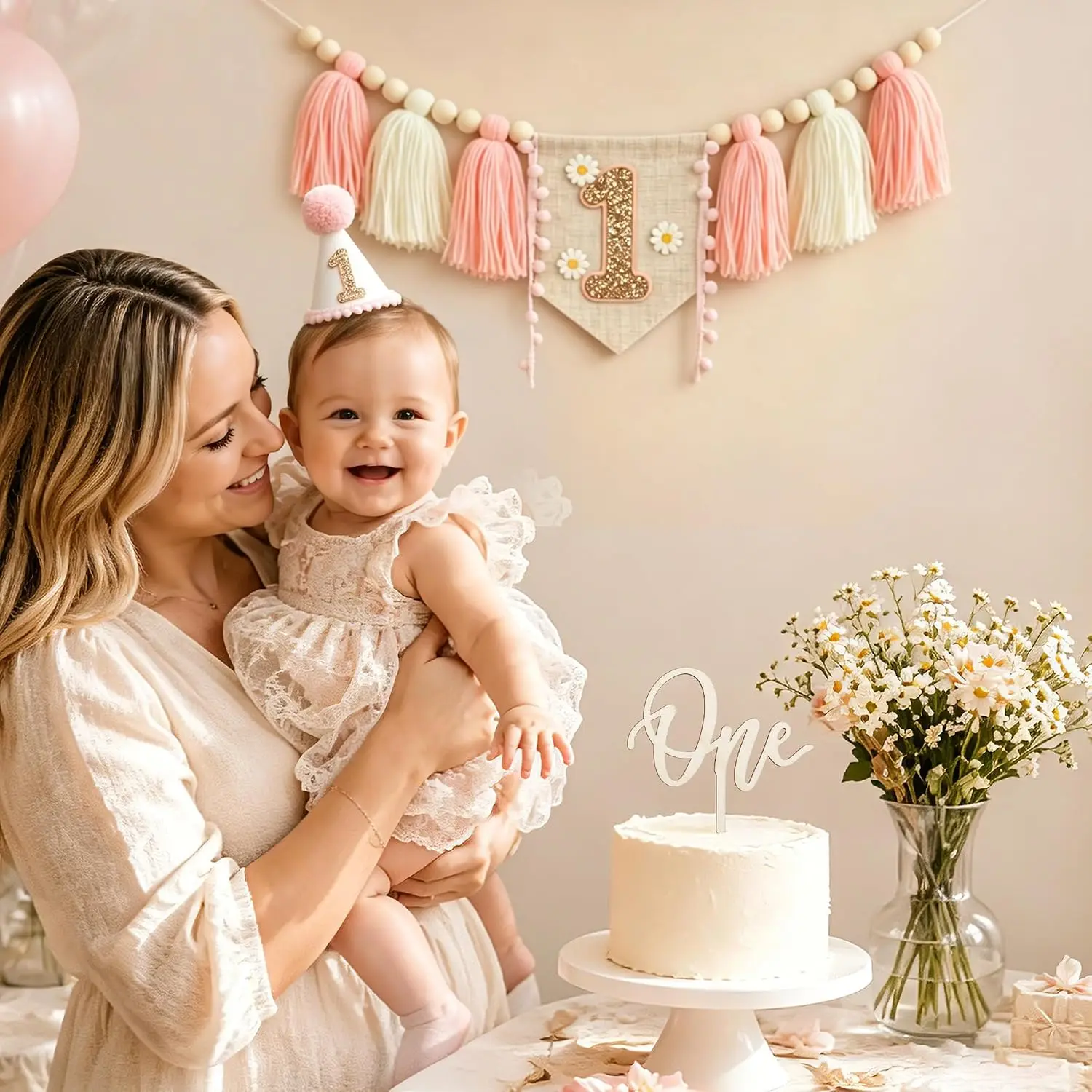 Boho Daisy Pink 1st Birthday Decorations Girl High Chair Banner with One Cake Topper 1st Birthday Hat Photoshoot Props