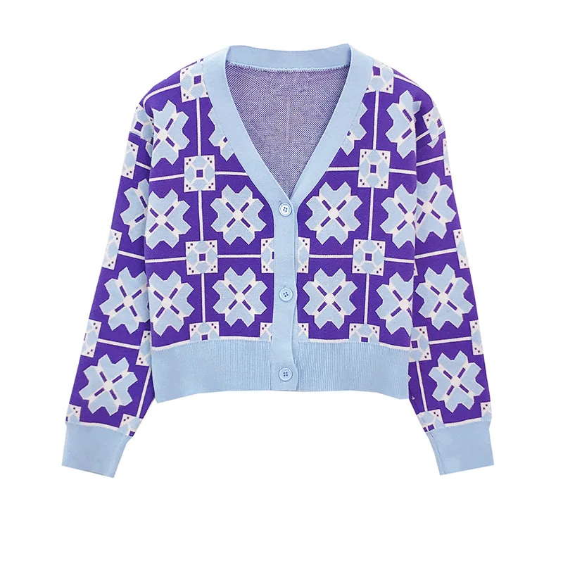 Elegant สีม่วงถักเสื้อสเวตเตอร์ถัก V คอสั้นเสื้อกันหนาวผู้หญิงฤดูใบไม้ผลิ/ฤดูใบไม้ร่วงแฟชั่น Outerwear