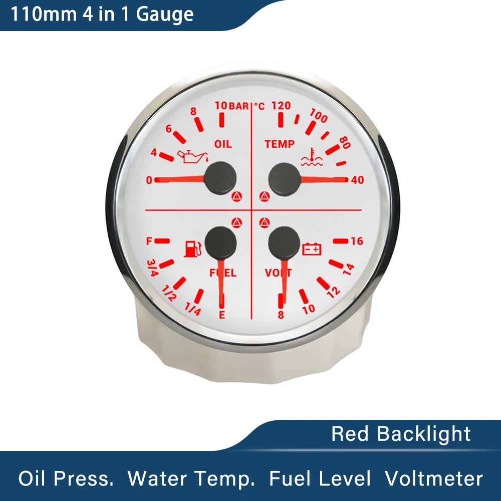 

ELING 110mm 4 in 1 Gauge 0-10Bar 0-150PSI Oil Pressure Water Temp Fuel Level Voltmeter with Light Alarm for Car Boat Yacht