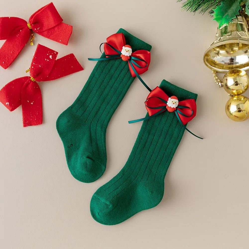 Christmas Sweet Gifts Baby Middle Tube Socks Cotton For 0-4 Years Kids Red Socks Breathable Red Bow Middle Tube Socks