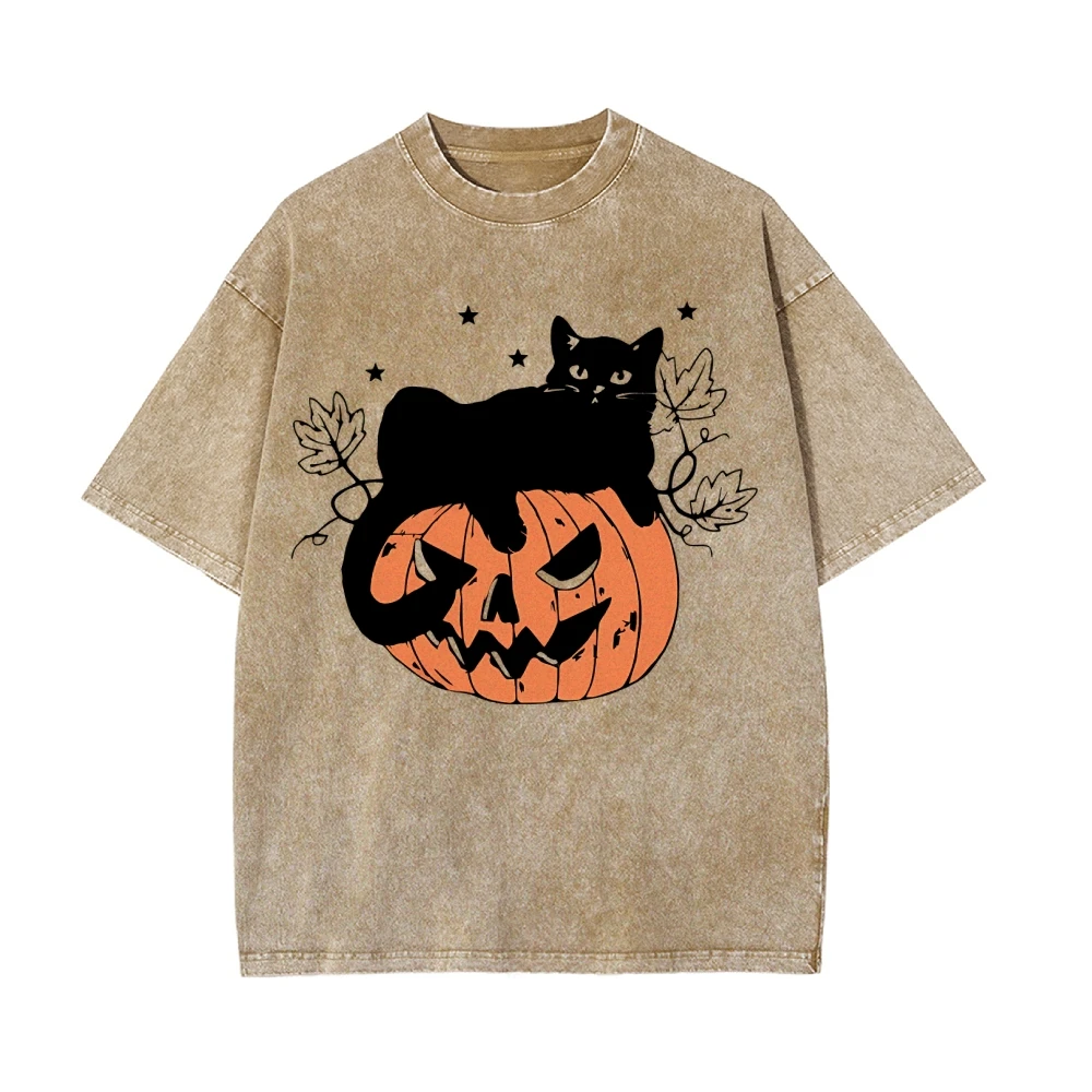 

Black Cat Pumpkin Stars Halloween Vintage Unisex Retro Trendy Stylish Y2k 90s Oversized Spooky Season Streetwear Graphic T-Shirt