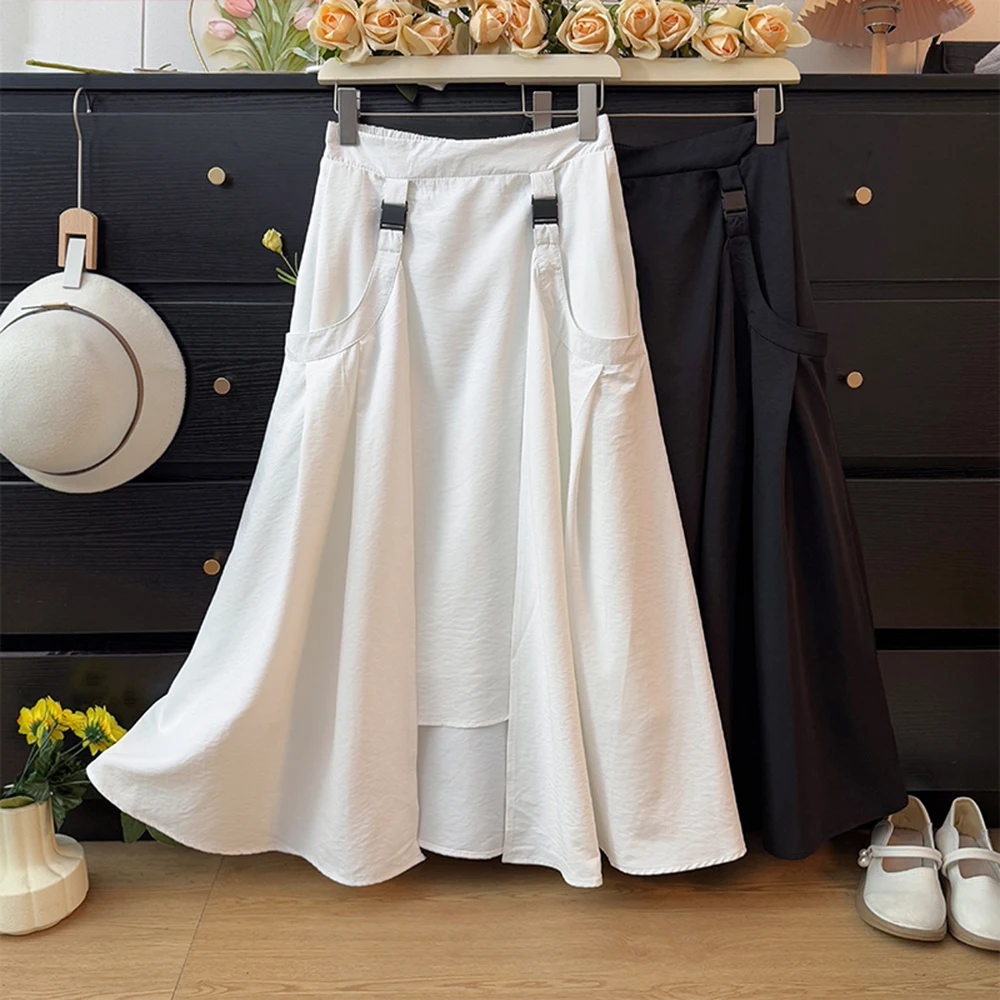 

Irregular High Waist A-Line Midi Skirt for Women 2025 Summer Fashion Safari Style Pocket Soft Tiered Female Umbrella Skirt
