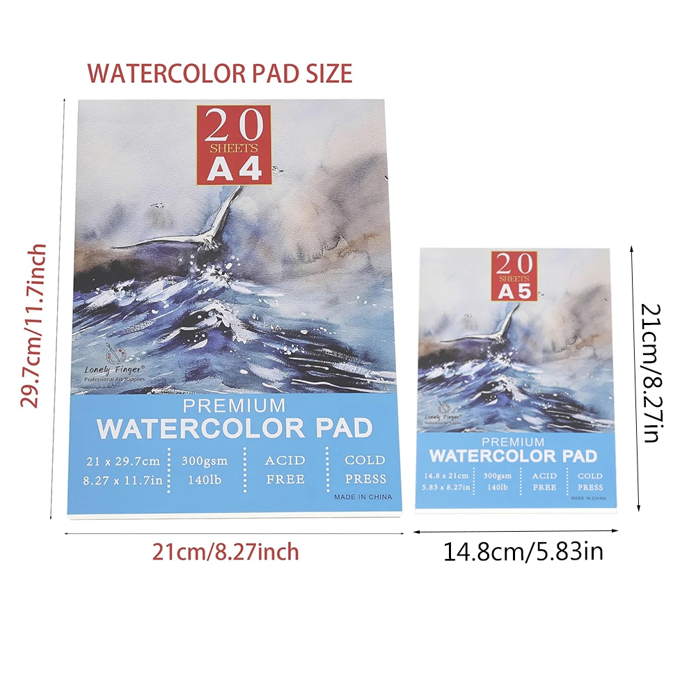 A3/A4/A5 Watercolor Pad, 140lb/300gsm, 20 Sheets | Cold-Pressed, Acid-Free, Artist Paper for Adults and Students - Painting, Gou