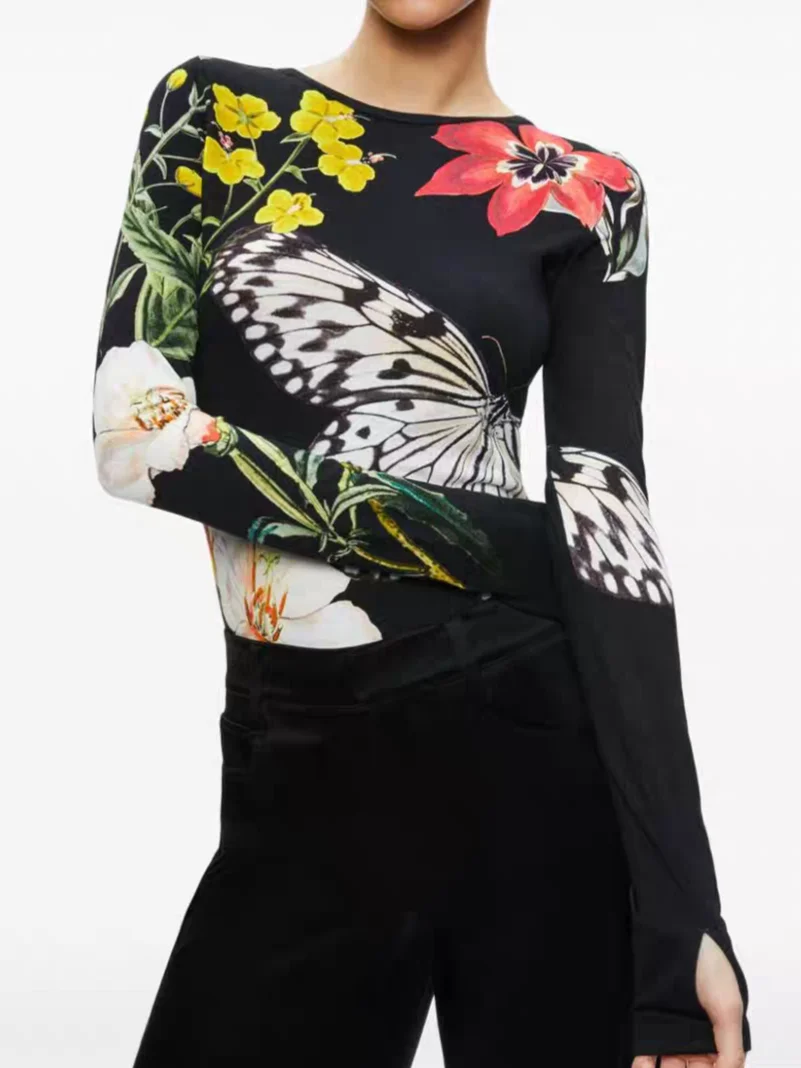 

Butterfly Flower Print Women's Slim T-Shirt Long Sleeve Round Neck Fashion Ladies Black Tee Tops