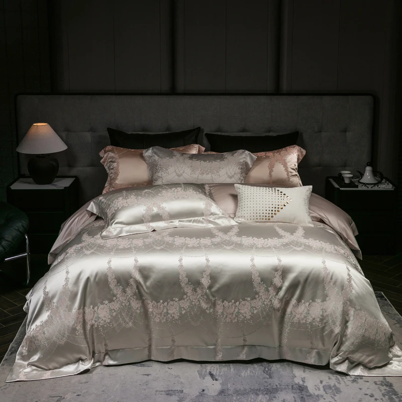 Luxury Shine Silk-like Softness Bedding Set Sateen Jacquard Egyptian Cotton Duvet Cover Bed Sheet Pillowcases Double Queen King