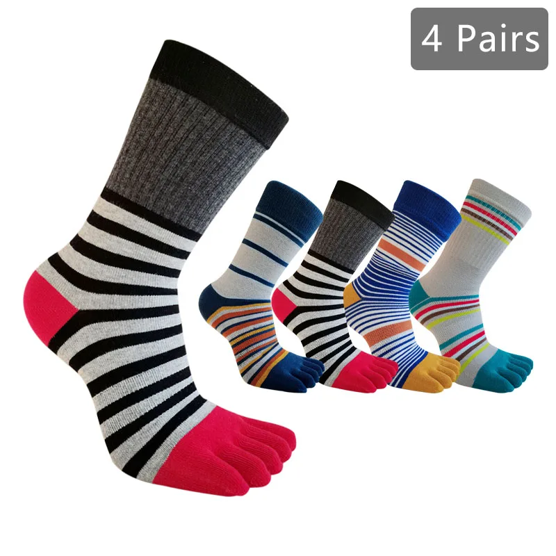 1/4 Pairs Colorful Man Toe Short Socks Cotton Striped Vibrant Skateboard Bright Happy Fun Funny Business Dress Five Finger Socks