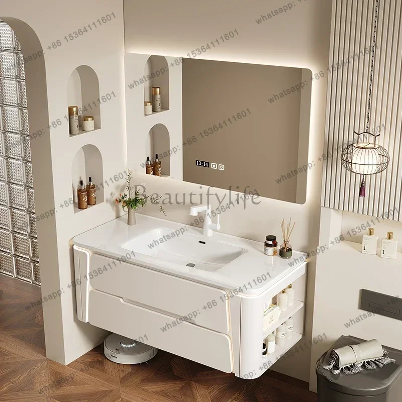 Modern Mirror Bathroom Cabinet Ceramic Integrated Basin Wash Cabinet Combined Intelligent Sensor Light Vanity Storage Furniture