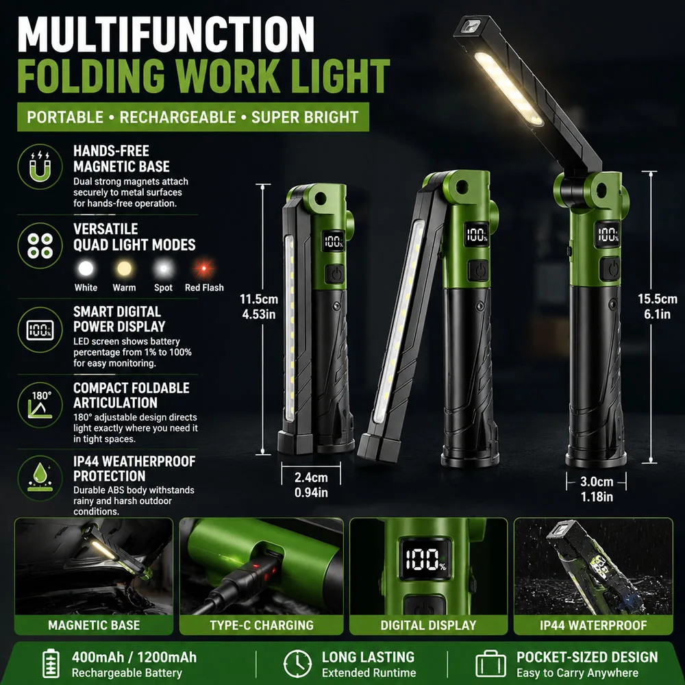 Foldable LED COB Flashlight Rechargeable Work Light Magnetic Base Flashlight Digital Power Display Waterproof Repair Lamp