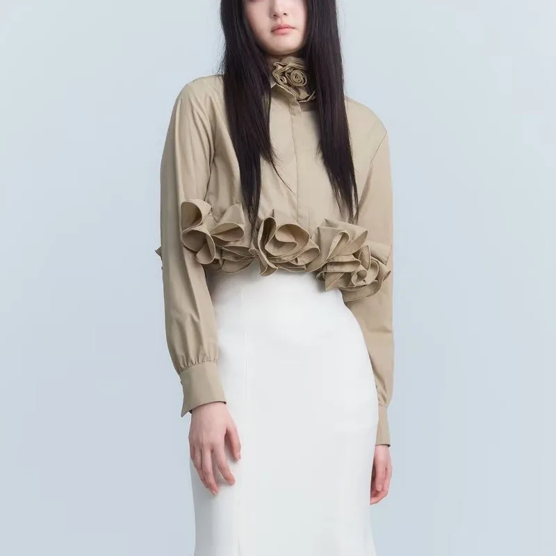 

Женская рубашка с длинным рукавом, весенняя, с асимметричным декором в виде объемных цветов, элегантная, красивая