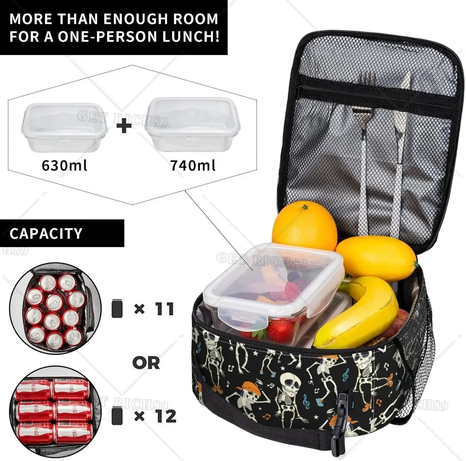 Dancing Skeletons Party Halloween Lunch Bag Insulated Lunch Box for Women Men Reusable Lunch Cooler Bag for Office Picnic