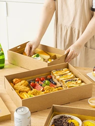 1pcs, picnic box with lid, outdoor camping style kraft paper packaging box, baking light food fruit dessert lunch box