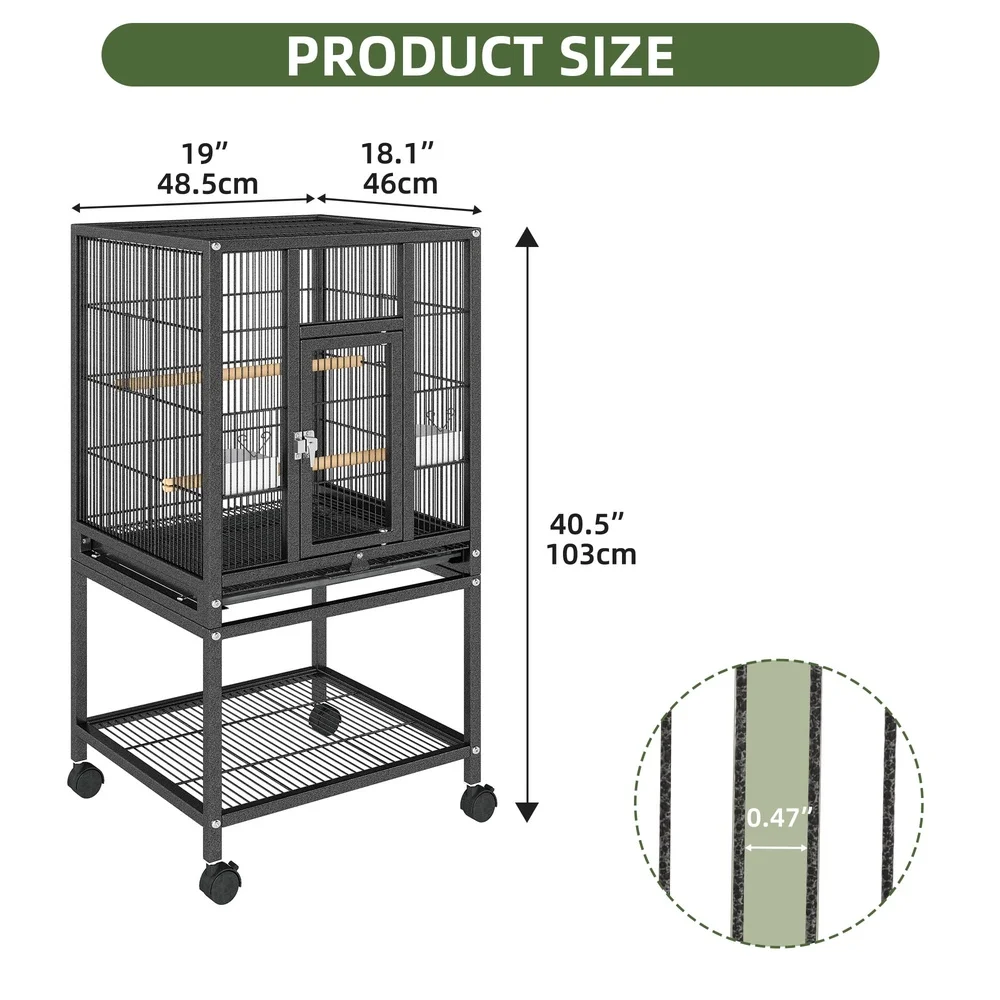 

41 Inch Metal Birdcage with Rolling Stand 2 Perches 2 Feeders Large Parrot Cage Easy Clean Storage Tray Birds