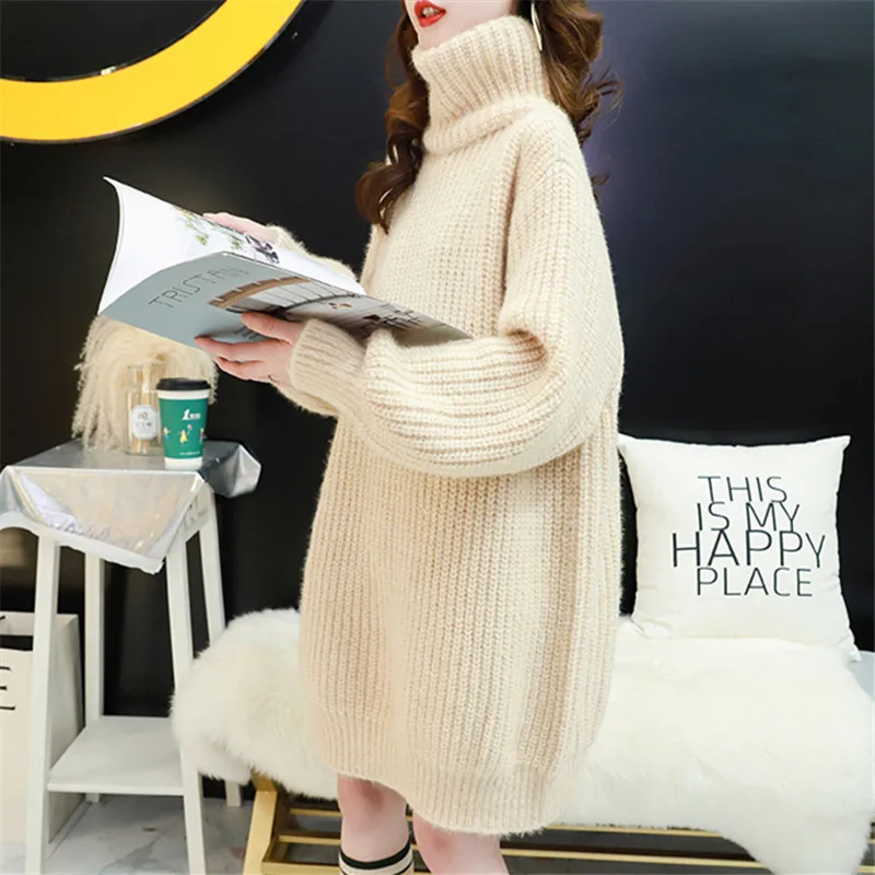 Autumn Winter Fashion Mid Length High Collar Long Sleeve Knitted Sweater Women Pullover Loose Solid Color Knitting Tops Female