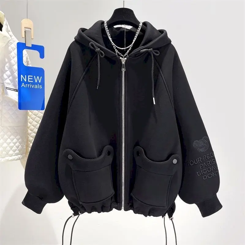 Oversized Hoodies Women Black Hooded Cardigan Jacket Fashion Design Plus Velvet Thick Hoodie Autumn Winter Trend Aesthetic Coat