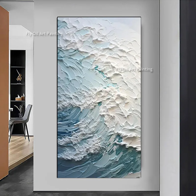 Large Handmade Light Blue And White Knife Thick Canvas Oil Painting New Original Ocean Wave View Wall Art Abstract Artwork Decor