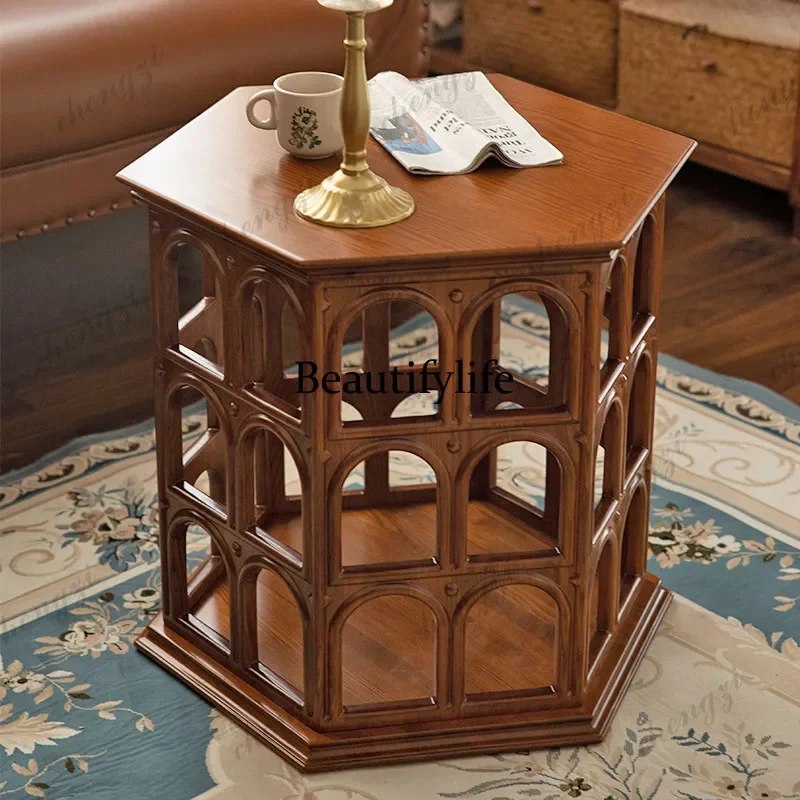 h178Solid wood round arched coffee table hollow side table hexagonal retro, American decorative cabinet medieval