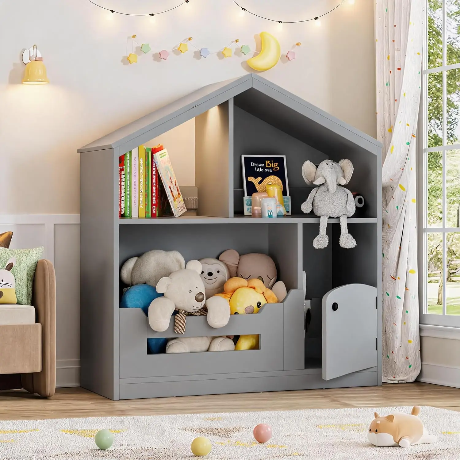 Kids Bookshelf, Toy Storage Organizer with Cubby, Wood Kids Bookcases Fit for Playroom, Children's Room, Bedroom, Nursery School