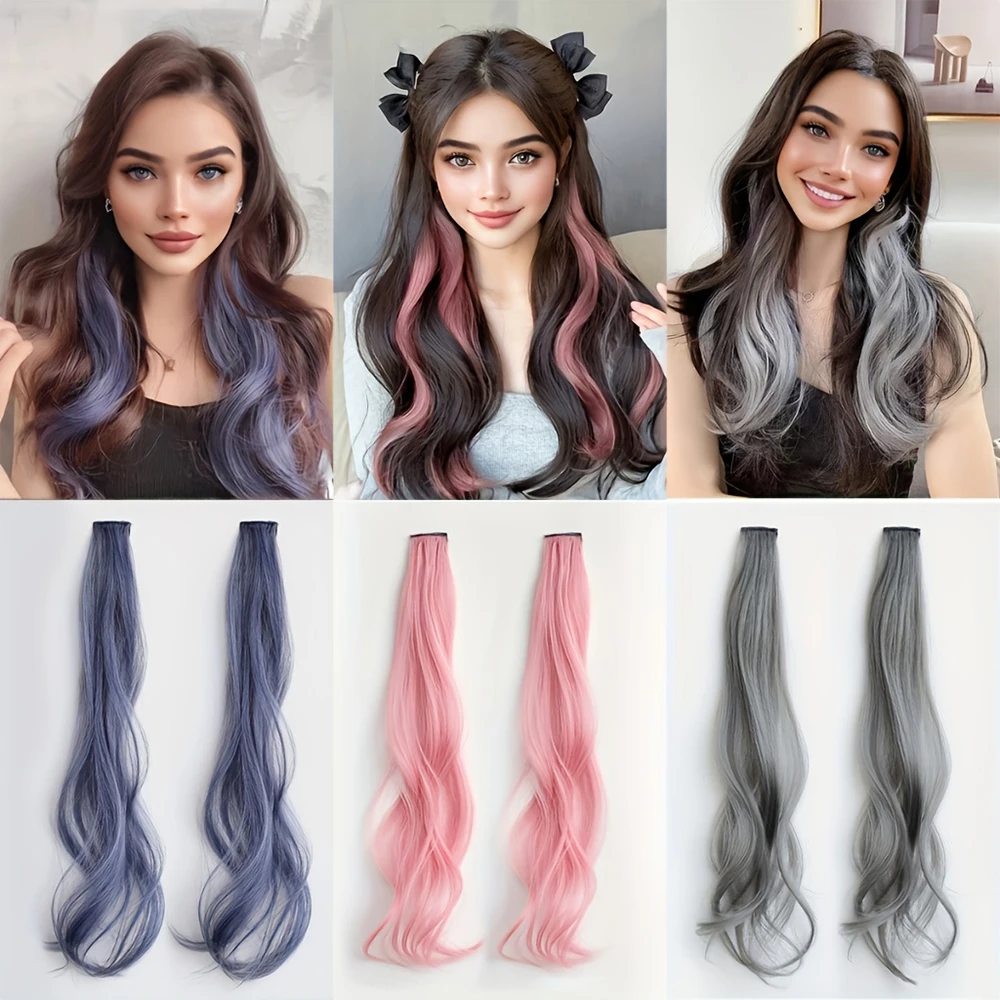 2Pcs Ear-Hanging Highlight Hair Coloring Strips Women's Long Hair One-Piece Colorful Hair Extensions Invisible Synthetic Wig
