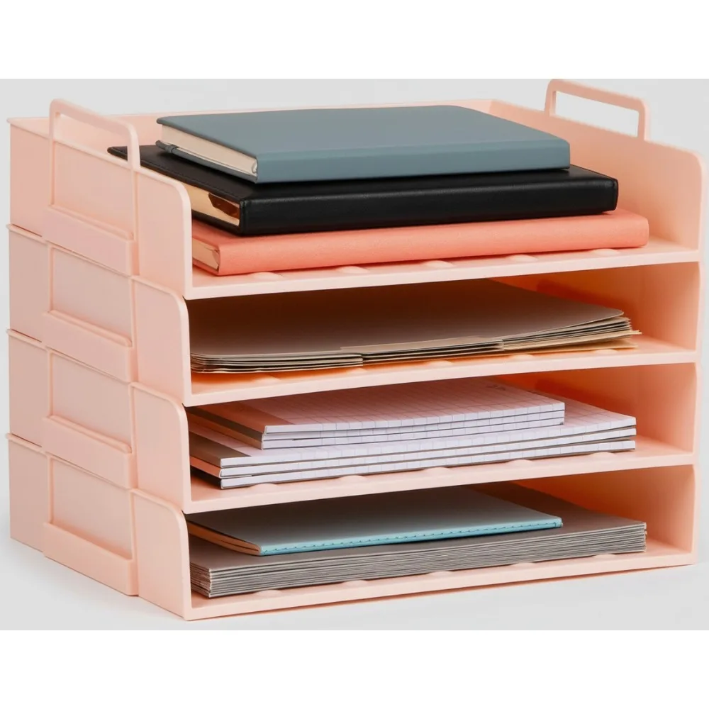 

Штабелируемый лоток для бумаги, настольный органайзер, пластиковое хранилище файлов для офиса и дома, розовый набор из 4 предметов