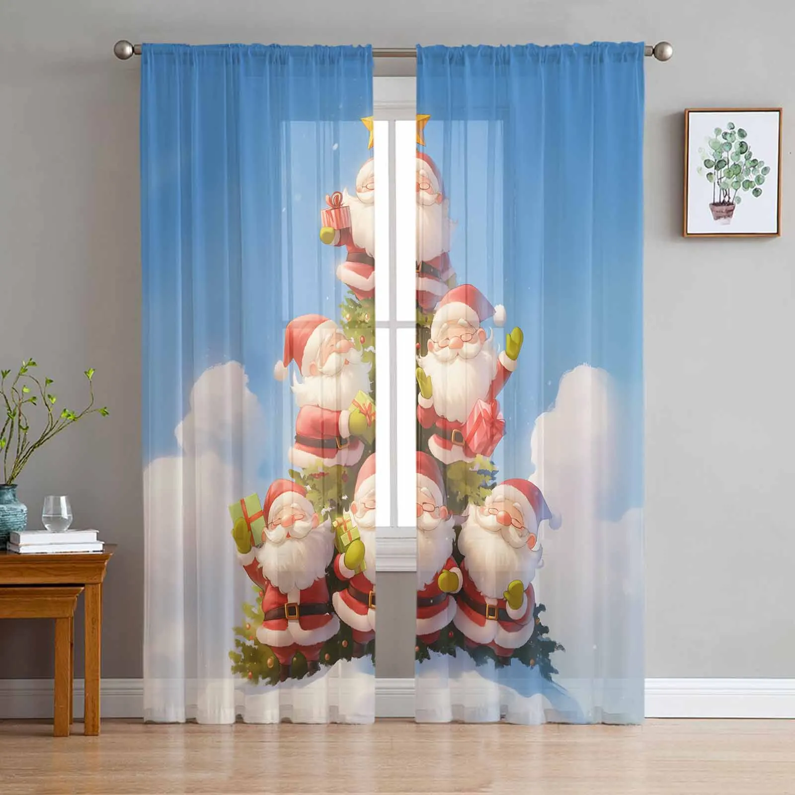 Santa Claus Christmas Tree Snowflakes Window Treatment Tulle Modern Sheer Curtains for Kitchen Living Room Curtains Decor