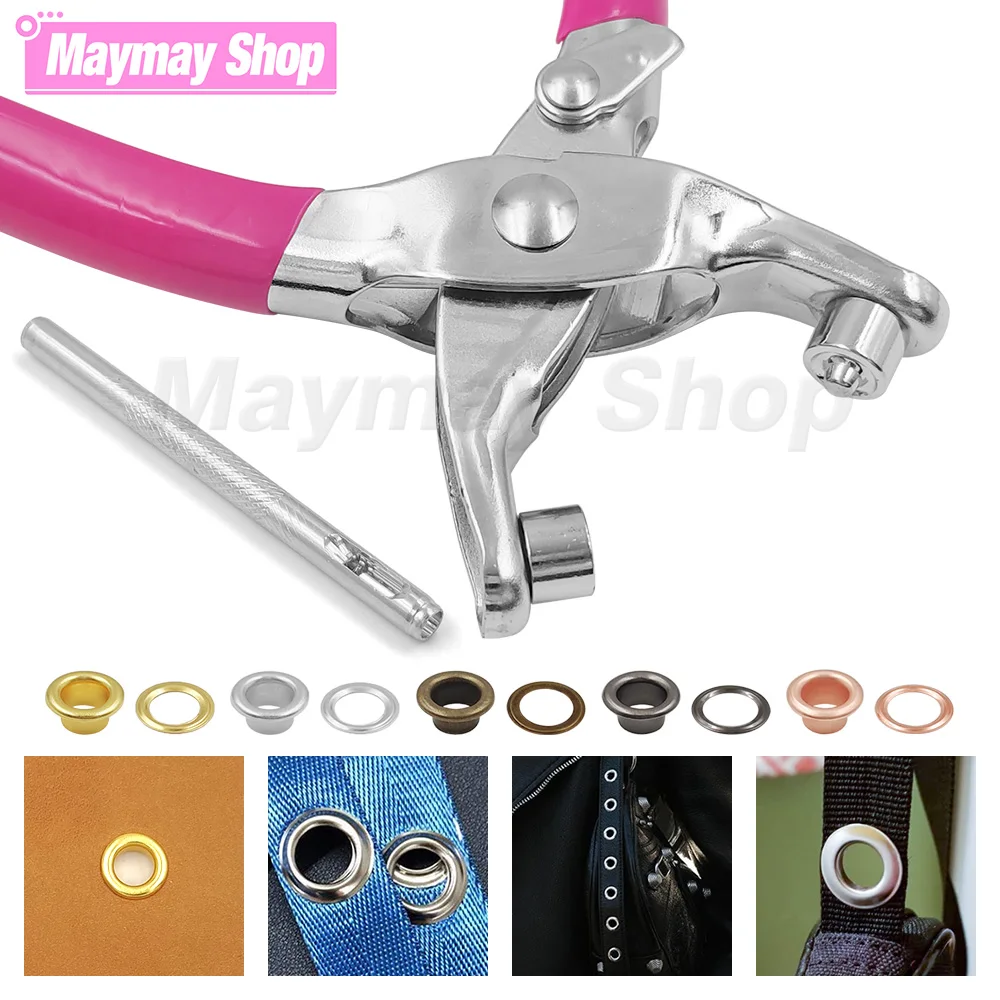 

4mm Metal Eyelets with Washers Grommet Eyelet Pink handle Plier With Hole Puncher for Leather Craft Accessories Backpacks Shoes