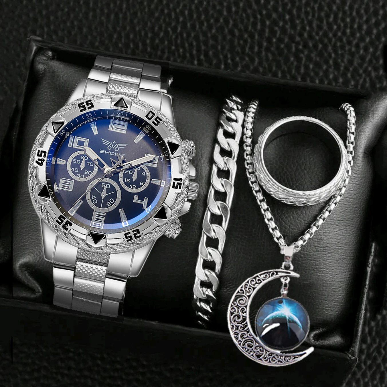 4PCS Men Watches Sets FREE Necklace Bracelet Ring Fashion Hip Pop Casual Stainless Steel Three-dial Quartz Watch Birthday gift