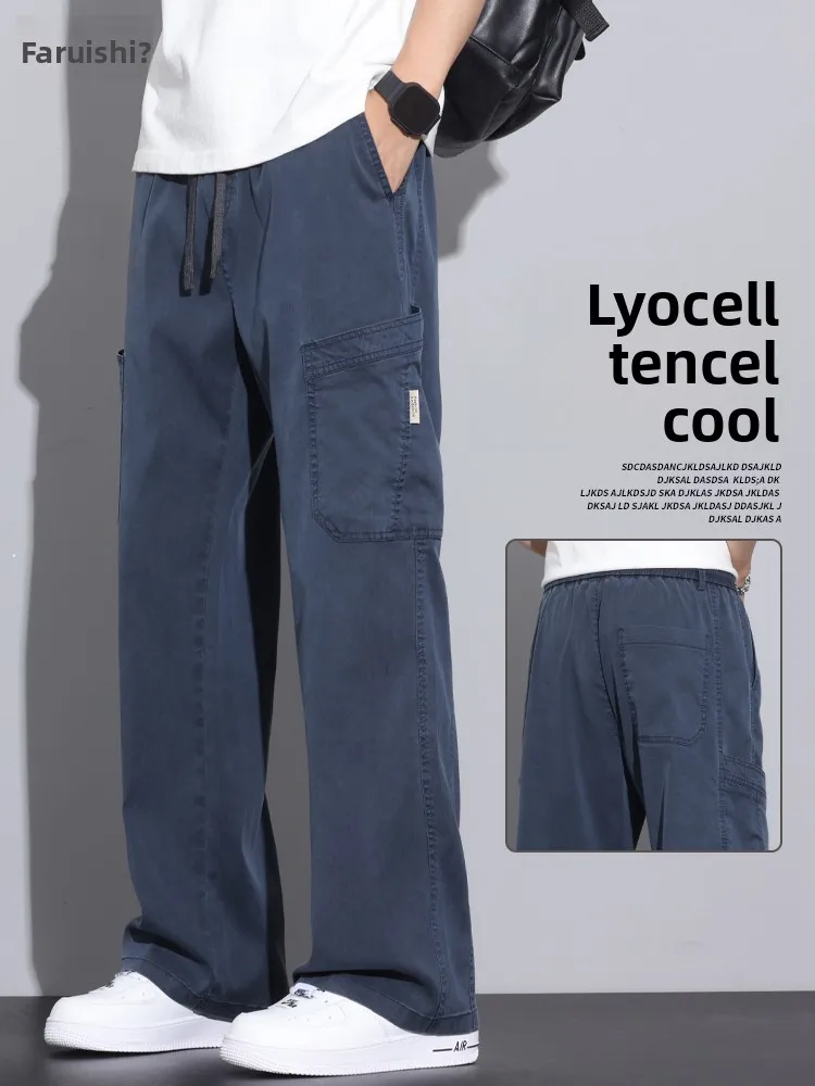 

Льняные шелковые мужские летние тонкие свободные прямые джинсы из ледяного шелка, повседневные, для работы, со средней посадкой, винтажные, стильные